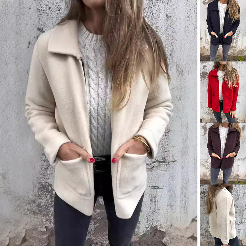 Lapel Zipper Jacket With Pockets Fashion Solid Color Coat Fall Winter Women's Clothing