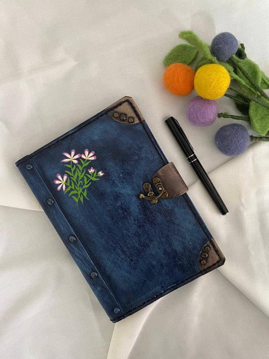 Floral Designed Navy Blue Color Craft Leather Journal Diary