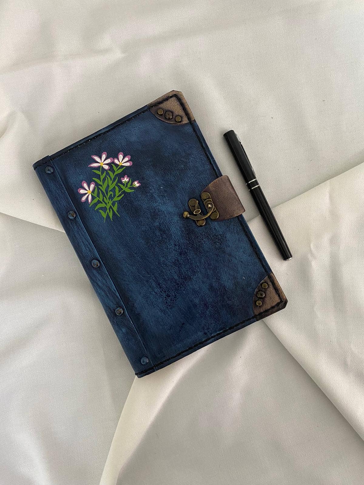 Floral Designed Navy Blue Color Craft Leather Journal Diary