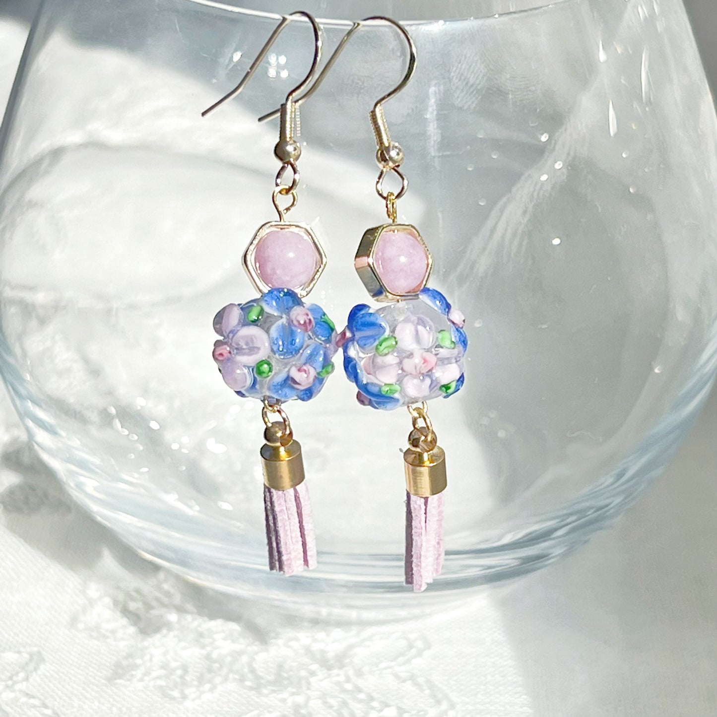 Purple Hydrangea Flower Craft Glass Globe with Amethyst Bead Earrings