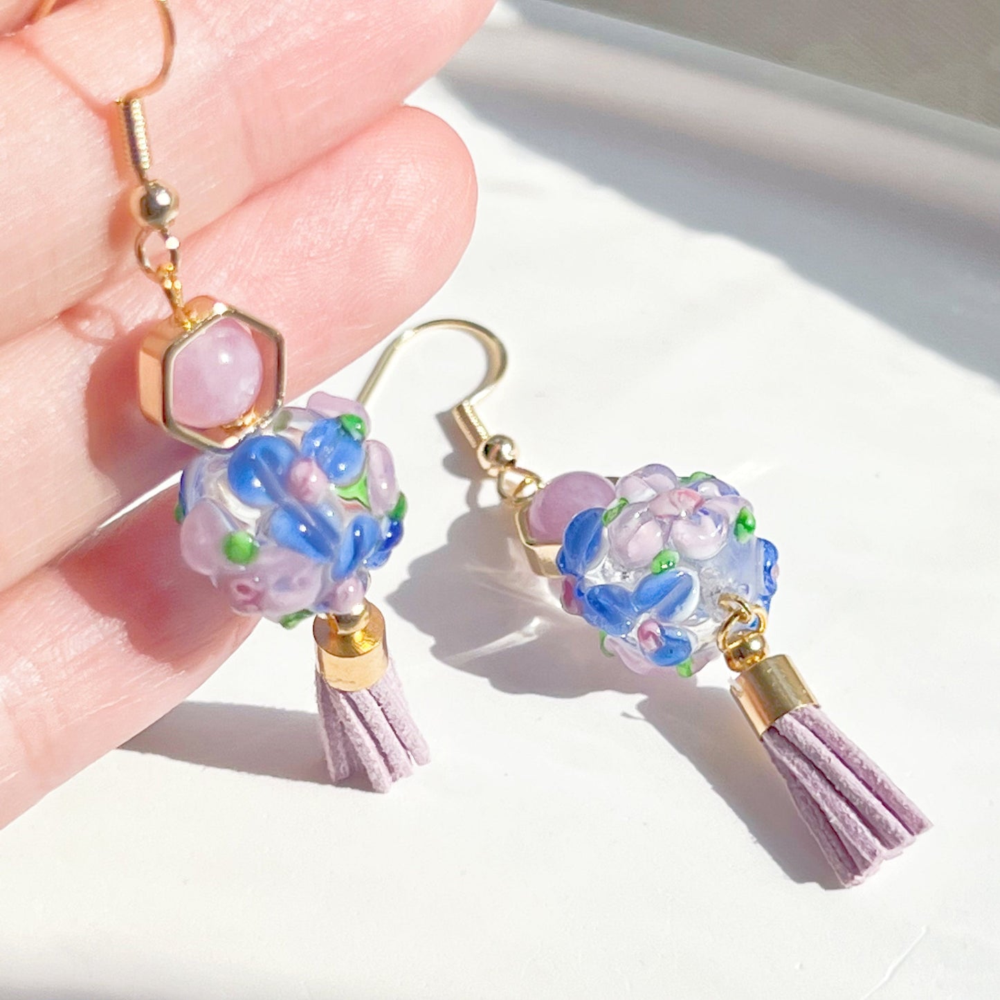 Purple Hydrangea Flower Craft Glass Globe with Amethyst Bead Earrings