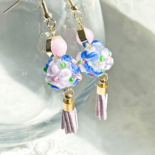 Purple Hydrangea Flower Craft Glass Globe with Amethyst Bead Earrings